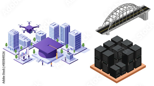 Modern city infrastructure with drone and data center
