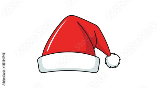 Cartoon illustration of a red and white Santa hat with a white pompom