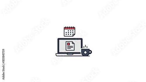 Laptop with Calendar and Coffee Cup Icon.