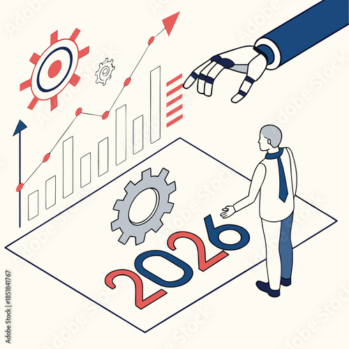 AI and human working together to achieve a business goal. A futuristic and abstract illustration depicts the collaboration