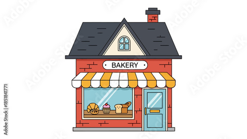Cartoon illustration of a red brick bakery storefront with a striped awning and baked goods in the window