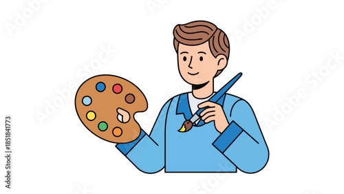 Cartoon illustration of a smiling male artist holding a paint palette and a paintbrush