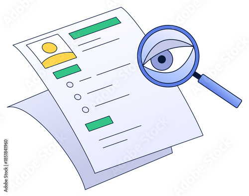 Reviewing resumes with magnifying glass