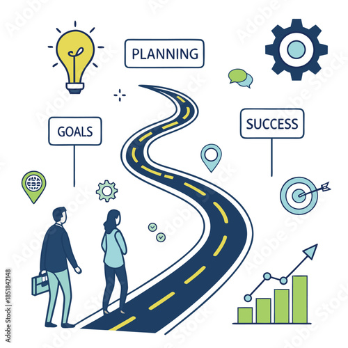 A road towards goals and success, illustrated with business people. The road map symbolizing journey towards accomplishment