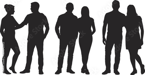 Couple silhouette poses set, man woman standing together, relationship lifestyle people vector illustration collection design