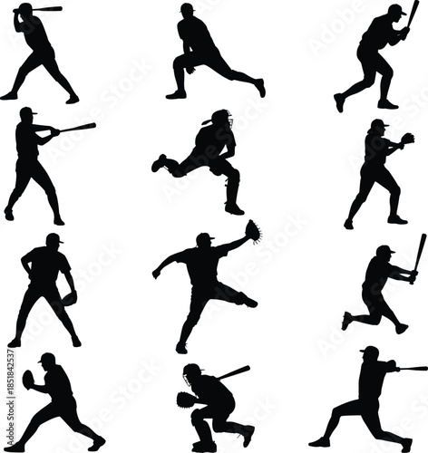 Baseball player silhouettes set, batting pitching fielding actions, sport athlete poses vector illustration collection design