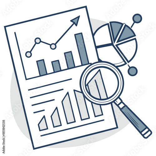 Analyzing Data: A detailed illustration of financial analysis with charts and graphs, and magnifying glass