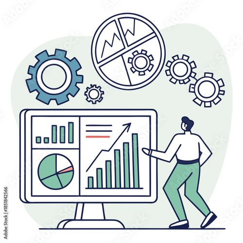 An individual analyzing a complex data set presented on a computer screen, with graphical representations of information