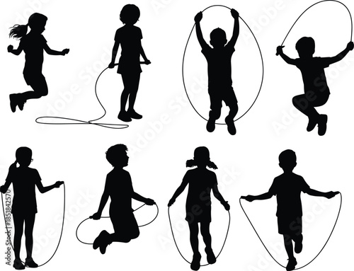 Children jump rope silhouettes set, kids playing skipping rope, active childhood sport vector illustration design