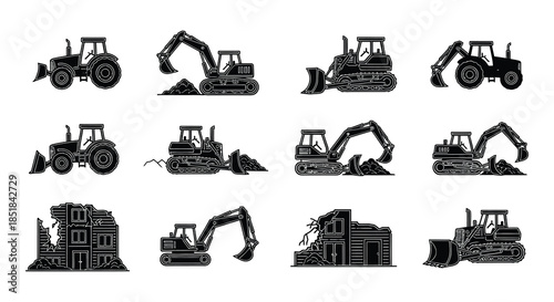 Collection of construction and agricultural machinery silhouettes in black and white