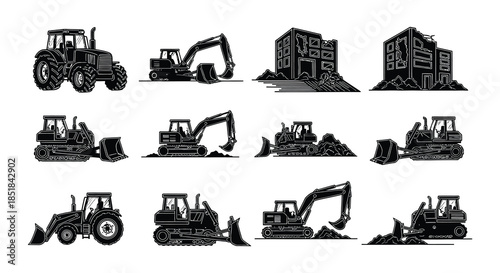 Collection of construction and agricultural machinery silhouettes in black and white