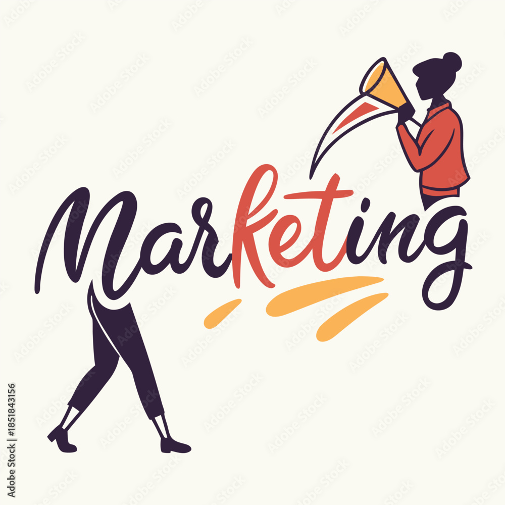 Obraz premium A dynamic marketing illustration, featuring a person holding megaphone promoting the marketing word