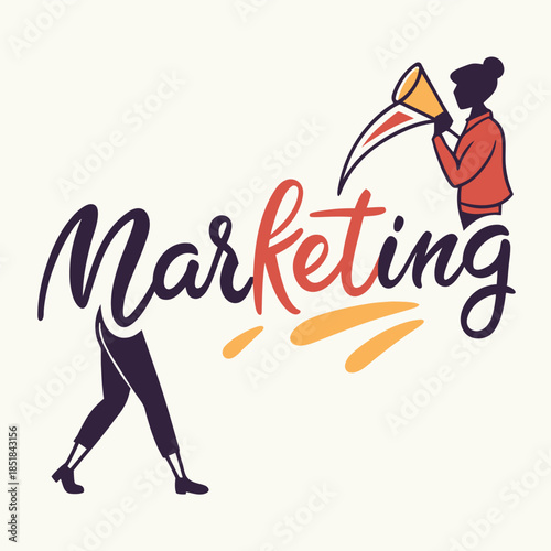 A dynamic marketing illustration, featuring a person holding megaphone promoting the marketing word
