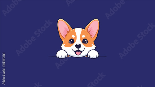 Cute Welsh Corgi puppy character peeking over a dark blue horizontal edge and looking forward with its paws resting on the surface.