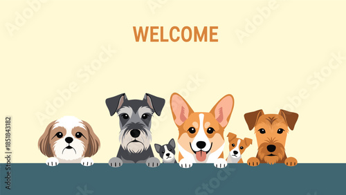 Group of adorable different dog breeds peeking over a wall with a welcome message on a light yellow background for greeting cards.