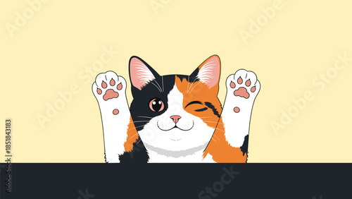Cute calico cat character winking and waving its paws while peeking over a dark horizontal surface on a light yellow background.