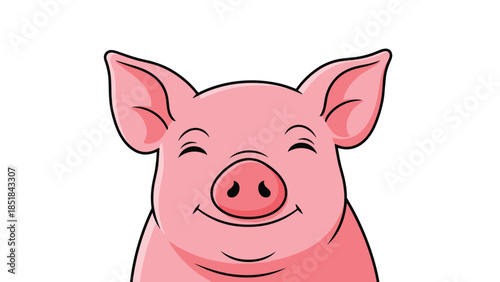 Cheerful pink pig face illustration with a wide smile and closed eyes looking very happy on a clean white background for farm theme.