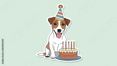 Happy Jack Russell Terrier dog wearing a colorful party hat sitting behind a lit birthday cake with five candles on a green background.