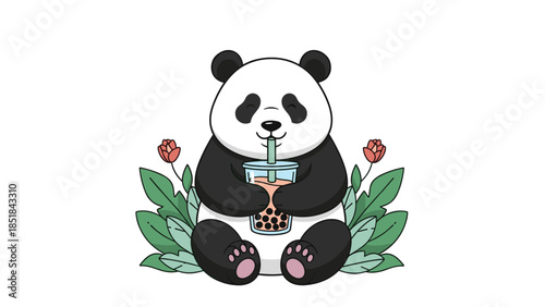 Adorable giant panda character sitting and drinking bubble tea through a straw surrounded by green leaves and red flowers on white.