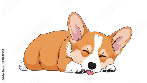 Adorable Welsh Corgi puppy character sleeping on its side with eyes closed and pink tongue sticking out on a white background for cards.