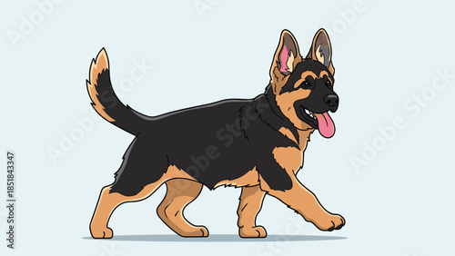 Strong German Shepherd dog character walking confidently with its tail up and tongue out on a light blue background for pet products.