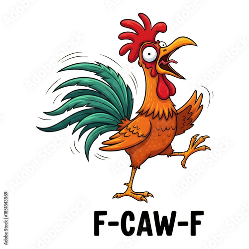Cartoon rooster with vibrant plumage and comical expression on a transparent background