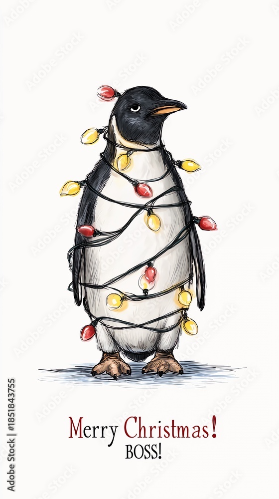 Obraz premium penguin, garland, card, Merry Christmas, boss!