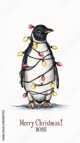 penguin, garland, card, Merry Christmas, boss!