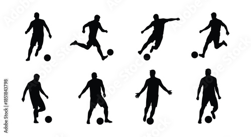 Silhouettes of soccer players in various action poses and celebratory moments