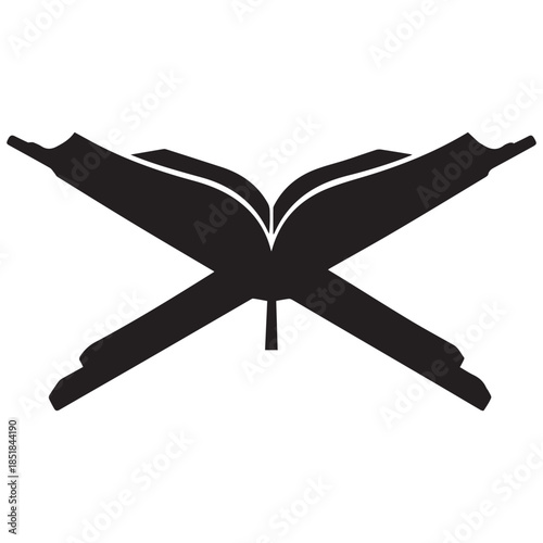 Silhouette of an open book with crossed swords on white background