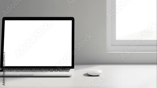Modern Laptop with Blank Screen on Minimalist Desk with Mouse in Bright Office Space