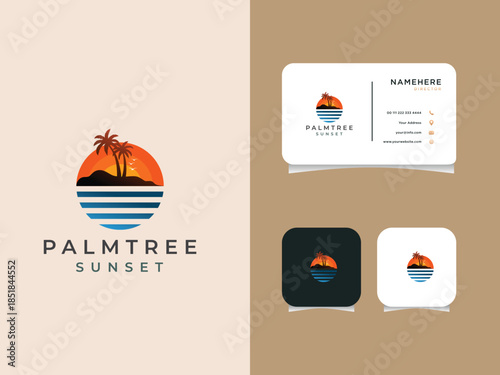 Palm tree and sunset, beach logo design vector template