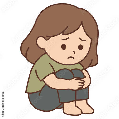 Cute Girl Sitting Sadly with Hugged Knees Illustration