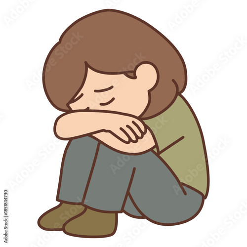 Cute Girl Sitting Curled Up with Sad Emotion