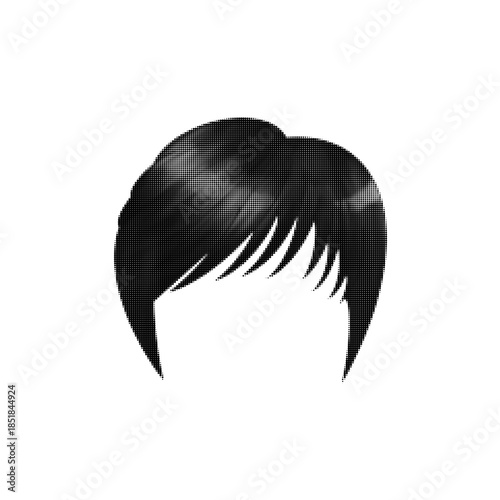 Black and white halftone illustration of short male hairstyle silhouette isolated on white background. Barber, fashion and grooming concept in minimal vintage dotted print style.