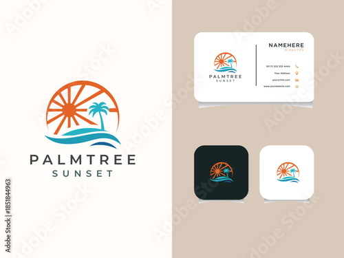 Palm tree and sunset, beach logo design vector template