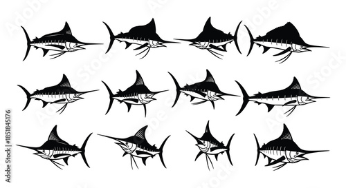 A collection of stylized black and white marlin fish illustrations