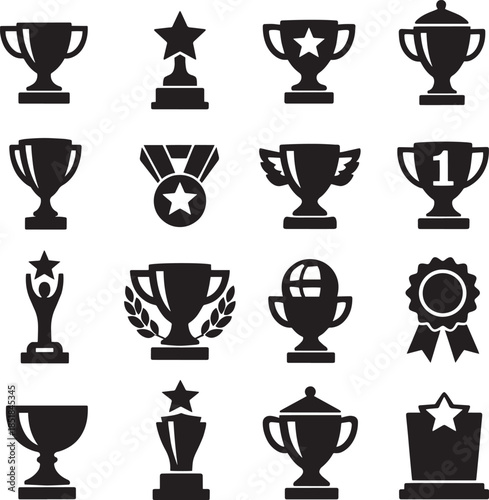 Solid Trophy Icon Set 4x4 Grid – 16 Minimal Black Award Cup Silhouette Vector Icons