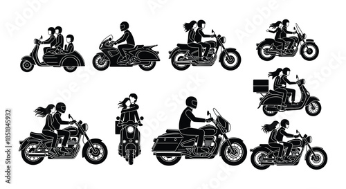 Collection of classic motorcycle and scooter silhouettes with riders depicted