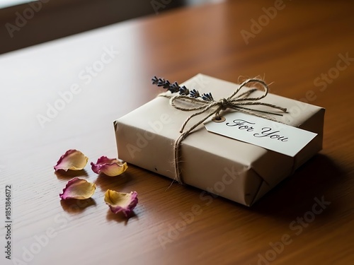 Rustic gift box with rose petals
