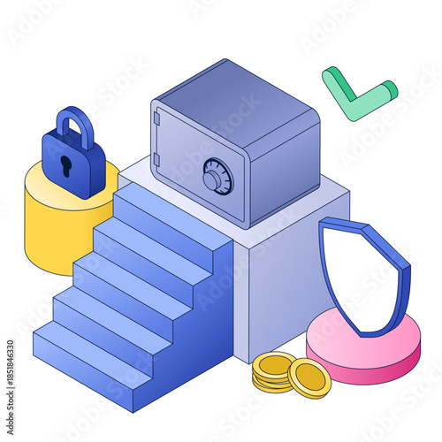 Safe with money, lock, and shield