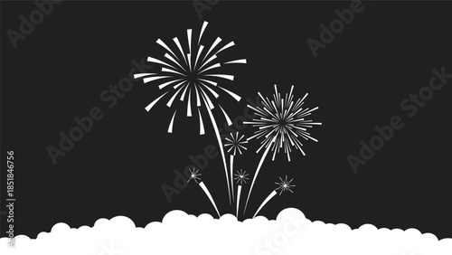 Black and white illustration of fireworks exploding in the night sky, celebrating festive occasions and holidays.