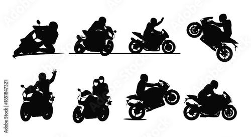 Silhouettes of motorcycle riders and bikes in various dynamic poses
