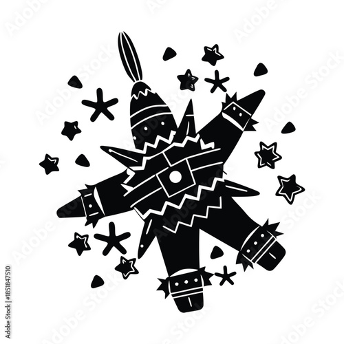 Festive star-shaped piñata surrounded by scattered stars and triangles pinata mexican