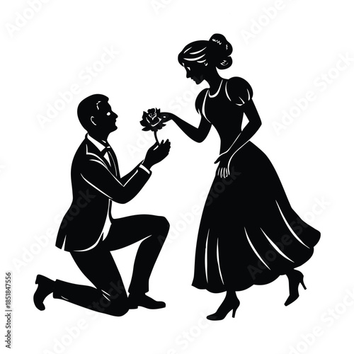 Man proposing with rose to woman silhouette on white background proposal engagement