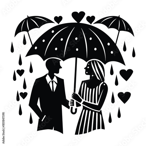 Silhouette of a couple sharing an umbrella in the rain with hearts love romance