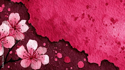 Vibrant pink cherry blossoms painted in watercolor style against a textured magenta and dark Valentine background