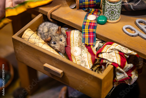 Photos Artificial decorative mouse in wooden drawer with fabrics and sewing tools vinta