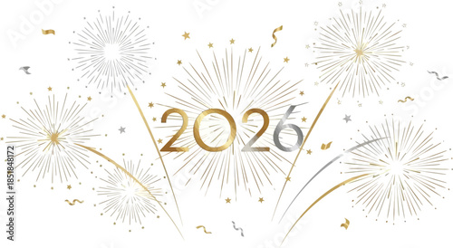 Golden fireworks celebrate 2026 with stars and confetti