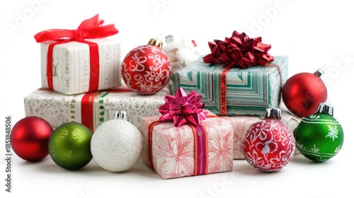 Colorful Christmas gifts and ornaments on white background